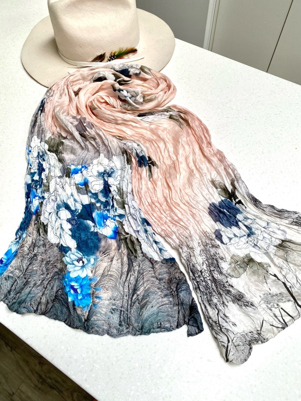 Stunning SILK boho floral scarf/wrap w shabby chic resort vacay beach vibe